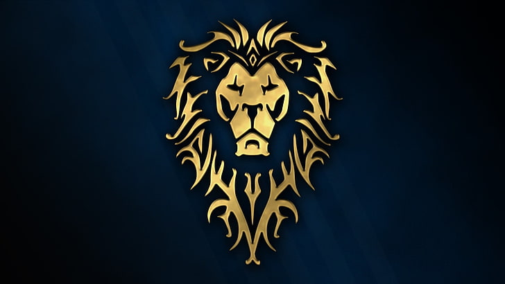 gold lion logo, cinema, golden, logo, game, Warcraft, blue, wow, lion, symbol, rpg, movie, animal, World of WarCraft, mmorpg, film, king, mane, king of beasts, wild animal, Warcraft the Moviehumanos, Fondo de pantalla HD
