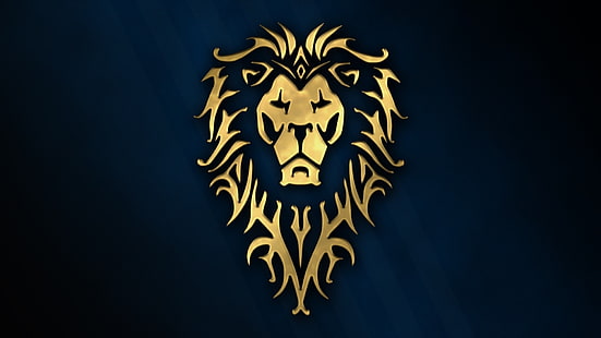 logo złotego lwa, kino, złote, logo, gra, Warcraft, niebieski, wow, lew, symbol, rpg, film, zwierzę, World of WarCraft, mmorpg, film, król, grzywa, król zwierząt, dzikie zwierzę, Warcraft The Movie , ludzie, Tapety HD HD wallpaper