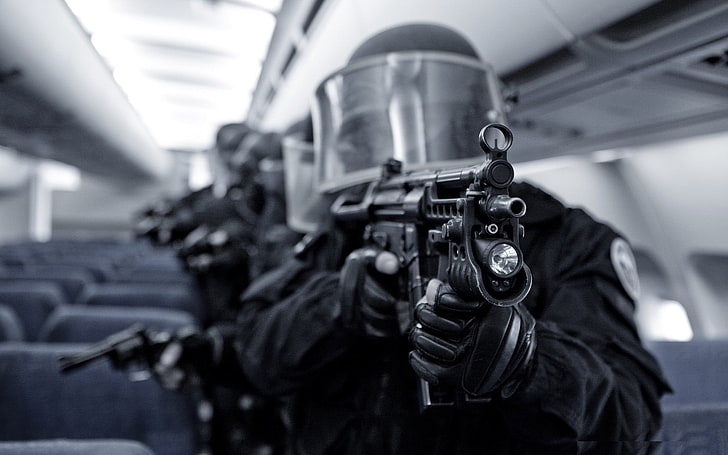 black assault rifle, police, gun, closeup, airplane, HD wallpaper