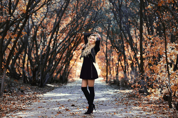 outono, menina, pose, parque, foto, cabelo, figura, vestido, jaqueta, loira, linda, Murat Kuzhakhmetov, HD papel de parede
