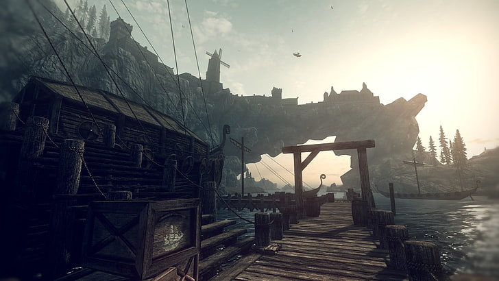 muelle de madera marrón, The Elder Scrolls V: Skyrim, videojuegos, Fondo de pantalla HD