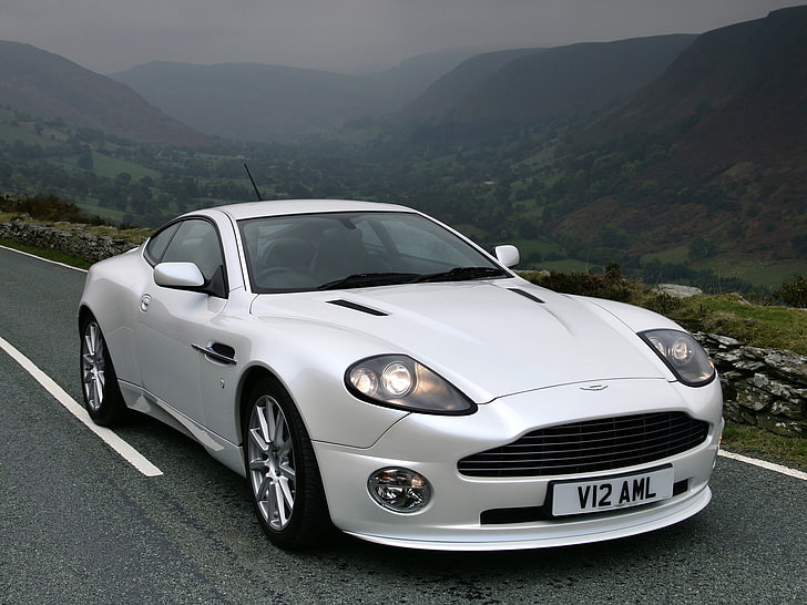silver coupe, aston martin, v12, vanquish, 2004, white, front view, cars, mountains, HD wallpaper