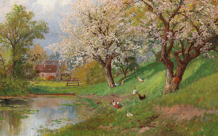 Alois Arnegger, pittore austriaco, olio su tela, Primavera in campagna, Primavera in paese, Sfondo HD