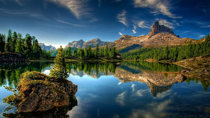 เนื้อน้ำข้างต้นไม้และป่าภูมิทัศน์ภาพสะท้อนน้ำภูเขาธรรมชาติ, วอลล์เปเปอร์ HD