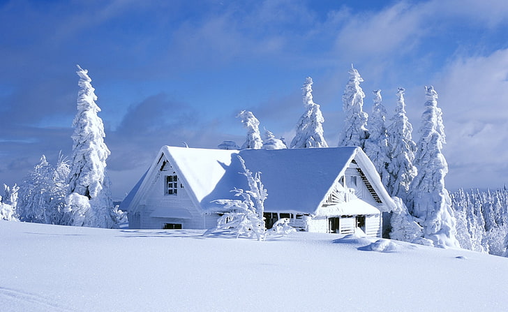 Mountain Chalet Covered With Snow, snow-covered house, Seasons, Winter, With, Mountain, Covered, Snow, Chalet, HD wallpaper