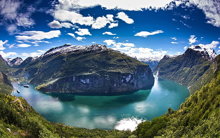 Norway, Geiranger Fjord, water, mountains, green mountain, Norway, Geiranger, Fjord, Water, Mountains, HD wallpaper