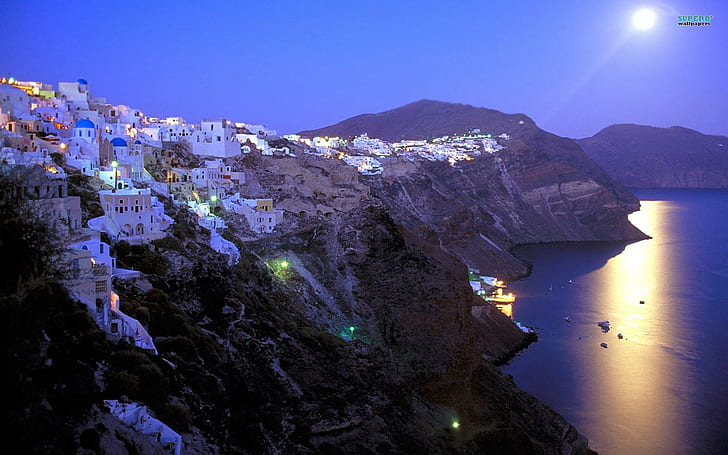 Beautiful View Of Santorini, ocean, landscape, hills, santorini, moon, moonlight, buildings, nature and landscapes, HD wallpaper
