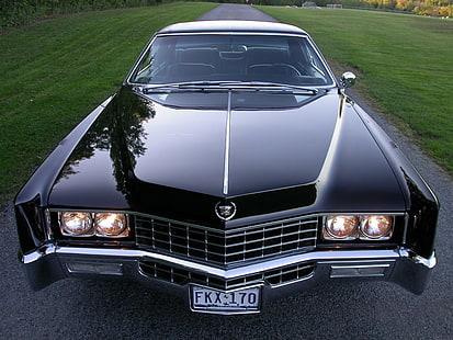 Vintage Cadillac coche negro en carretera de asfalto gris, coche, Cadillac, Fondo de pantalla HD HD wallpaper