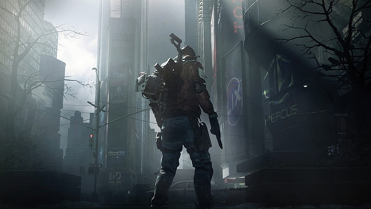 homme debout près du papier peint numérique du bâtiment, Tom Clancy's The Division, apocalyptique, jeux vidéo, soldat, Kriss Vector, Fond d'écran HD