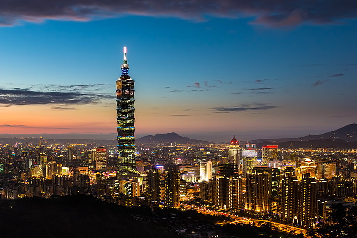 закат, город, огни, вид, здание, небоскреб, вечер, панорама, Тайвань, Тайбэй, Китайская Республика, Тайбэй 101, HD обои