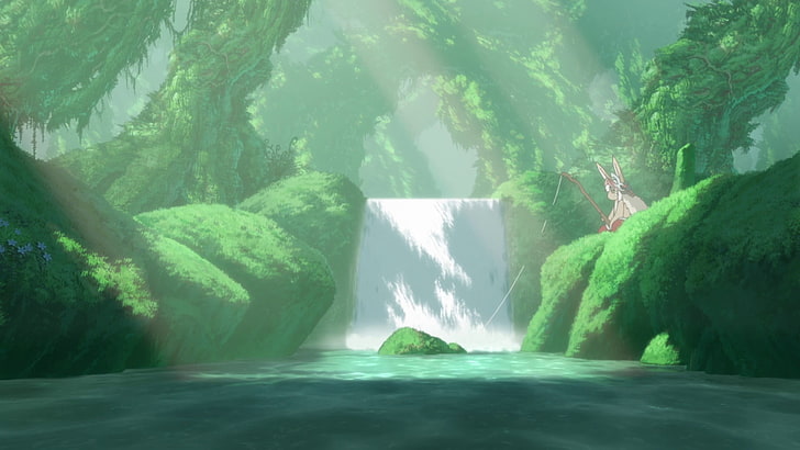 Papel de parede de Nier Automata, Nanachi (Made in Abyss), ambiente, rio, cachoeira, Made in Abyss, vara de pescar, anime, HD papel de parede