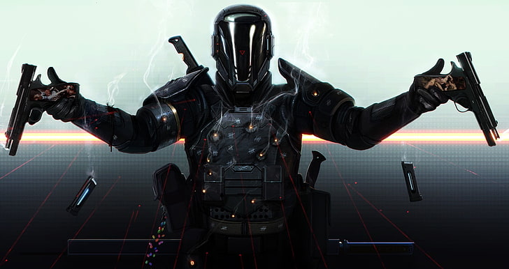 person with armor holding pistols illustration, soldier, gun, pistol, cyberpunk, Last Man Standing: Killbook of a Bounty Hunter, Paladin, digital art, HD wallpaper