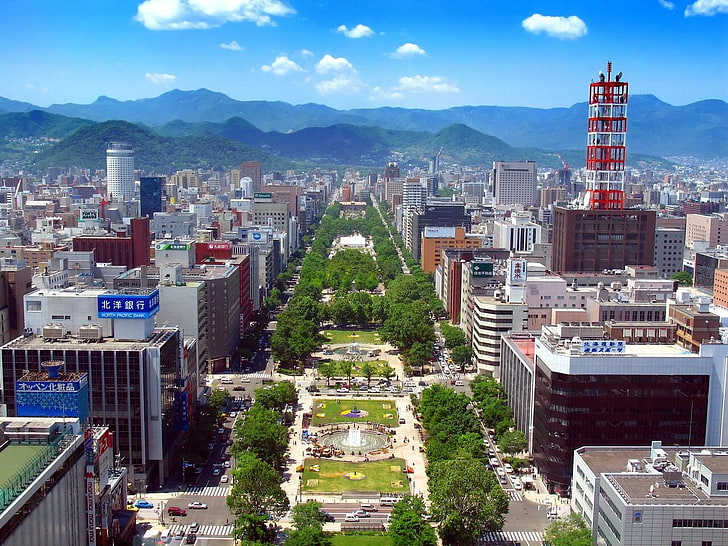 foto udara dari taman di tengah kota pada siang hari, Jepang, Sapporo, taman, pemandangan kota, Wallpaper HD