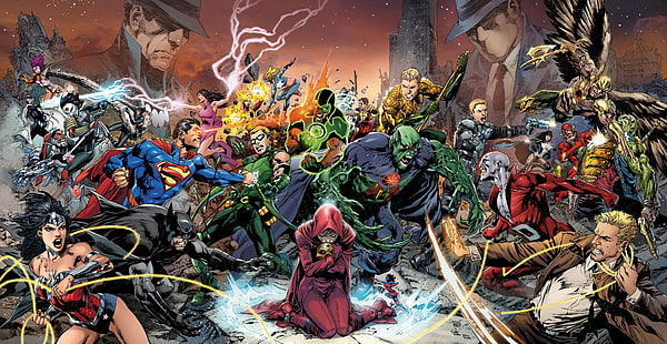 แฟนตาซี, ผู้หญิงที่น่าแปลกใจ, แบทแมน, ต่อสู้, การ์ตูน, ซูเปอร์แมน, ศึก, งานศิลปะ, หน้ากาก, ฮีโร่, ชุดแต่งกาย, ศิลปะจินตนาการ, Green Arrow, การ์ตูน DC, แฟลช, อะควาแมน, Justice League, แหลม, Deadman, สงครามทรินิตี้, กรีนแลนเทิร์น, วอลล์เปเปอร์ HD HD wallpaper