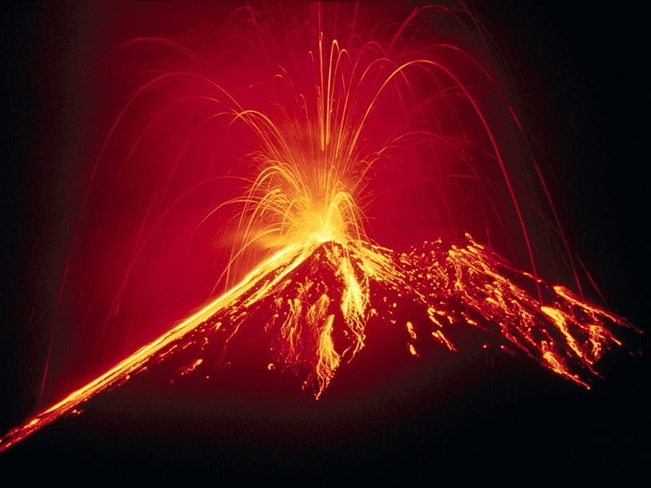 wallpaper gunung berapi meletus, gunung berapi, letusan, lava, air mancur, Wallpaper HD