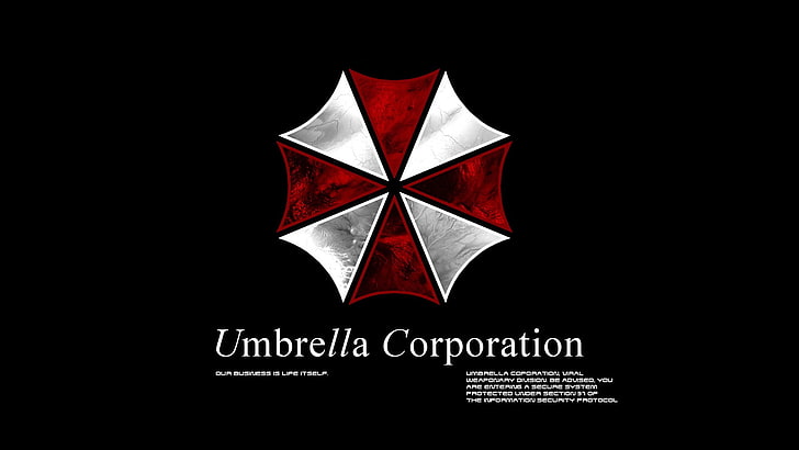 Umbrella Corporation-logotyp, Resident Evil, Umbrella Corporation, videospel, typografi, svart bakgrund, HD tapet
