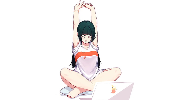 anime, manga, anime girls, simple background, minimalism, sitting, laptop, green hair, HD wallpaper