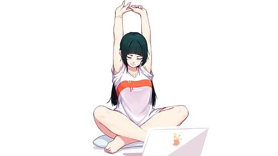 аниме, манга, аниме девушки, простой фон, минимализм, сидя, ноутбук, зеленые волосы, HD обои HD wallpaper