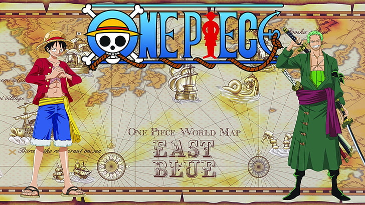 Monkey D Luffy i Roronoa Zoro z One Piece, One Piece, chłopcy z anime, mapa świata, anime, Tapety HD