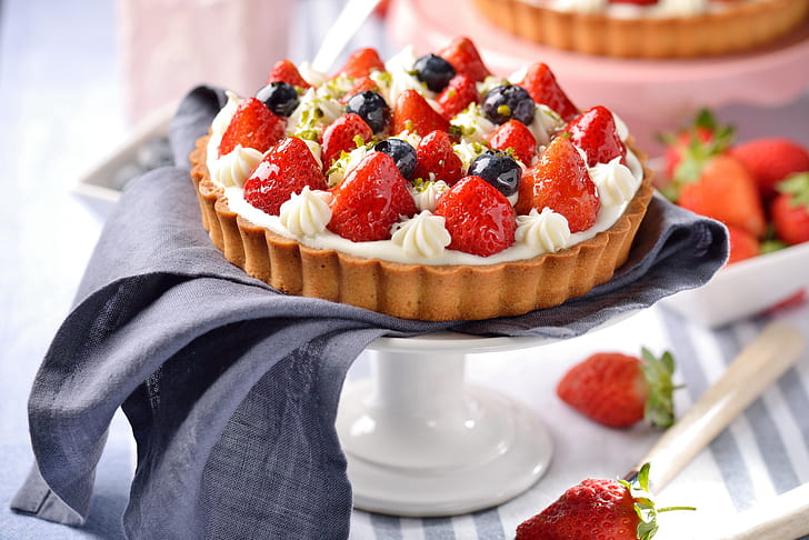 food, strawberries, blueberries, pies, Cream, dessert, HD wallpaper