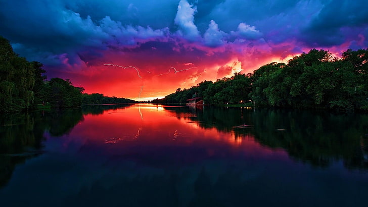 ภาพวาดทะเลสาบกลางป่าธรรมชาติทิวทัศน์แม่น้ำท้องฟ้าต้นไม้, วอลล์เปเปอร์ HD