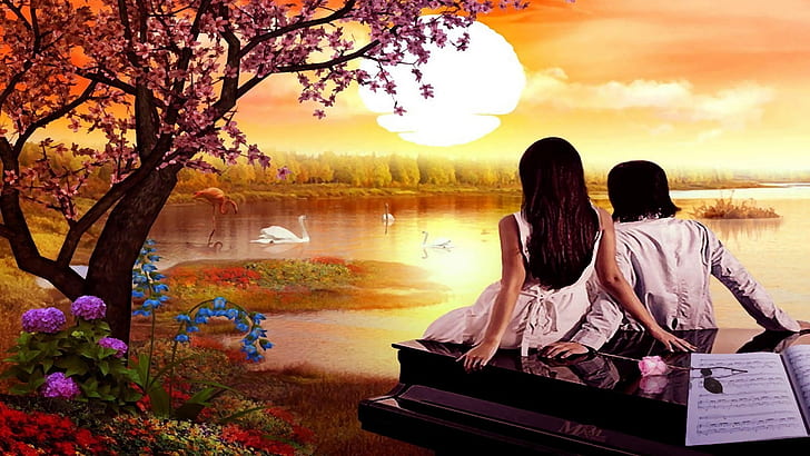 lovers, friendship, lake, sunset, romance, spring, romantic scenery, loving couple, happiness, love, girl, couple, evening, piano, HD wallpaper
