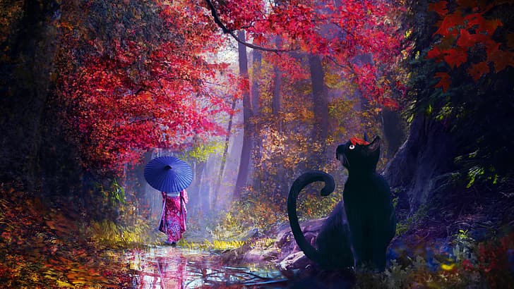 Gato negro, árboles rojos, ropa japonesa, paraguas, chicas anime., Fondo de pantalla HD
