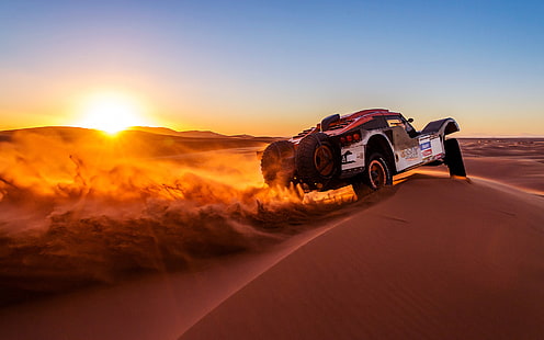 Pôr do sol sobre o carrinho no Rally Dakar, carro esportivo branco, Esportes, Automobilismo, carros, corridas, deserto, HD papel de parede HD wallpaper