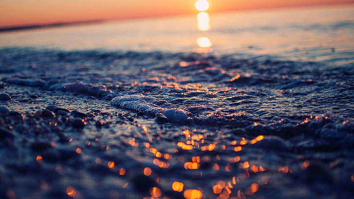 ombak laut, air, matahari terbenam, Wallpaper HD