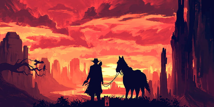 Густаво Артеага, концепт-арт, пейзаж, лошадь, вечер, ковбои, пистолет, силуэт, трава, пустыня, облака, птицы, горы, HD обои