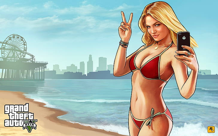 море, пляж, девушка, Лос-Анджелес, Grand Theft Auto V, gta5, Санта-Мария, HD обои
