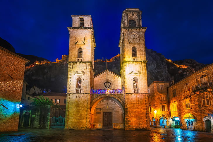 mountains, night, lights, Church, temple, Montenegro, Kotor Cathedral, HD wallpaper