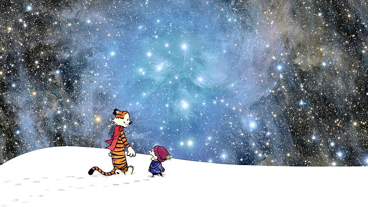 chłopiec na śniegu ilustracja, mgławica, Calvin i Hobbes, rysunek, śnieg, gwiazdy, szalik, Tapety HD
