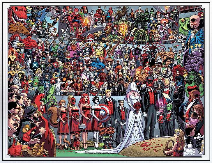 Papel de parede digital de Casamento de Deadpool, sem título, Deadpool, Homem-Aranha, Marvel Comics, casamento, Capitão América, Dominó, shiklah, Os Observadores, Os Vingadores, Quarteto Fantástico, histórias em quadrinhos, She-Hulk, HD papel de parede
