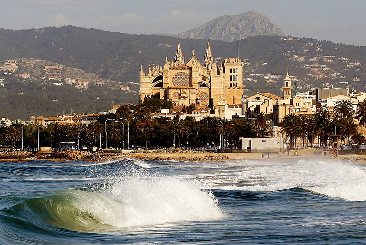 sea, mountains, home, Palma, Cathedral, Spain, Balearic Islands, Palma de Malorca, HD wallpaper