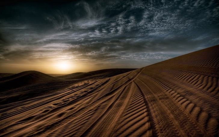 десертное поле, песок, следы, небо, HD обои