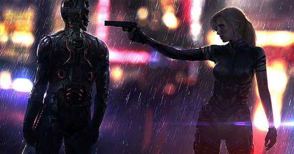 Girl, The city, The game, Neon, Rain, Weapons, Art, Cyborg, CD Projekt RED, Cyberpunk 2077, Cyberpunk, Video game, วอลล์เปเปอร์ HD HD wallpaper