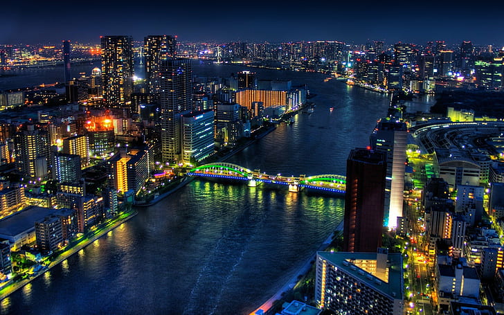 fotografi malam bangunan kota perkotaan cityscape jembatan sungai air tokyo jepang, Wallpaper HD