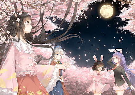 yagokoro eirin, reisen udongein inaba, houraisan kaguya, sakura blossom, touhou, anime, Sfondo HD HD wallpaper