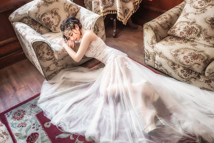 Asian, white dress, women, model, brides, wedding dress, women indoors, on the floor, dress, HD wallpaper