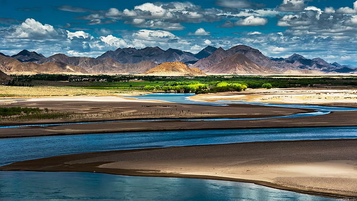 plan d'eau, chine, tibet, montagnes, oasis, rivière, végétation, désert, Fond d'écran HD