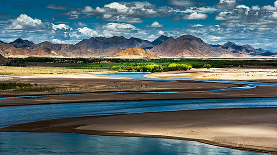 водоем, Китай, Тибет, планини, оазис, река, растителност, пустиня, HD тапет HD wallpaper