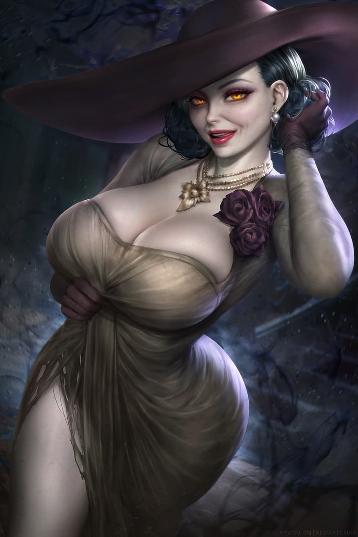 lady dimitrescu, Resident Evil 8: Village, Resident Evil, video games, video game characters, video game girls, vampires, women with hats, looking at viewer, glowing eyes, smiling, necklace, flowers, gloves, dress, cleavage, wide hips, portrait display, vertical, artwork, drawing, digital art, illustration, fan art, NeoArtCorE (artist), HD wallpaper