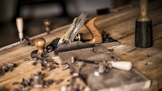 Zimmerei, Holz, Werkzeuge, Handhobel, Meißel, Holzhammer, HD-Hintergrundbild HD wallpaper