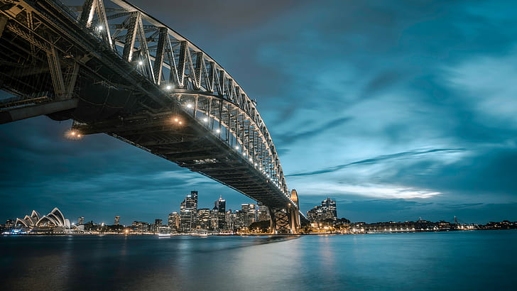 cityscape, bridge, sky, australia, sydney harbour bridge, water, sydney, harbour, blue landscape, harbour bridge, city, night, HD wallpaper