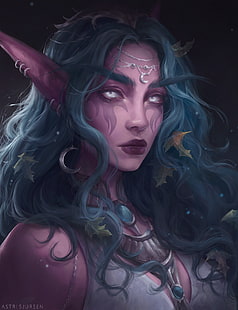 Ilustracja wróżki, elfy, niebieskie włosy, sztuka fantasy, World of Warcraft, Tyrande Whisperwind, Tapety HD HD wallpaper