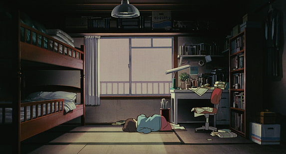 anime, anime girls, Studio Ghibli, Whisper of the Heart, kamar, tempat tidur, di lantai, interior, Wallpaper HD HD wallpaper