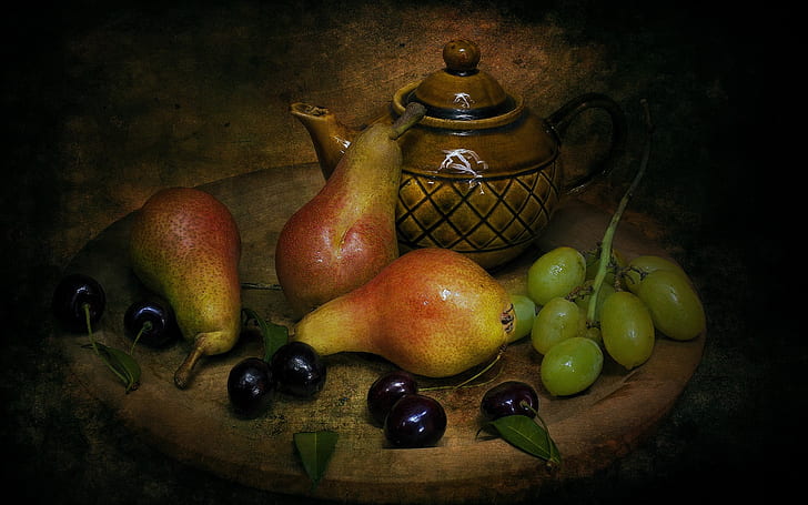 Still life, pears, cherries, grapes, tea, Still, Life, Pears, Cherries, Grapes, Tea, HD wallpaper