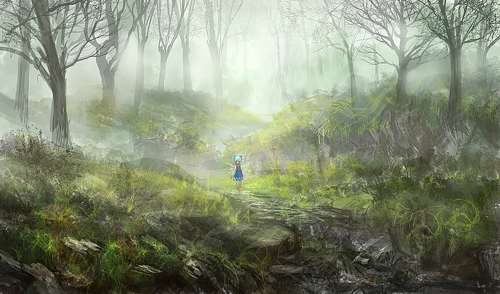 cirno, dress, forest, lm7, op center, scenic, touhou, tree, wings, HD wallpaper