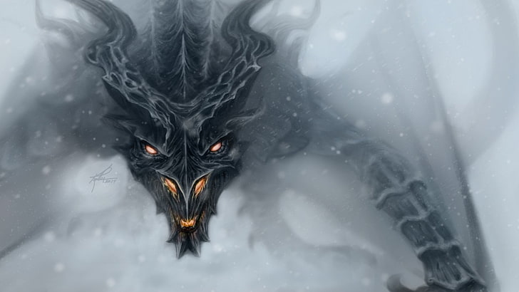 ilustração de dragão preto, arte da fantasia, dragão, cara, asas, asas de dragão, névoa, HD papel de parede